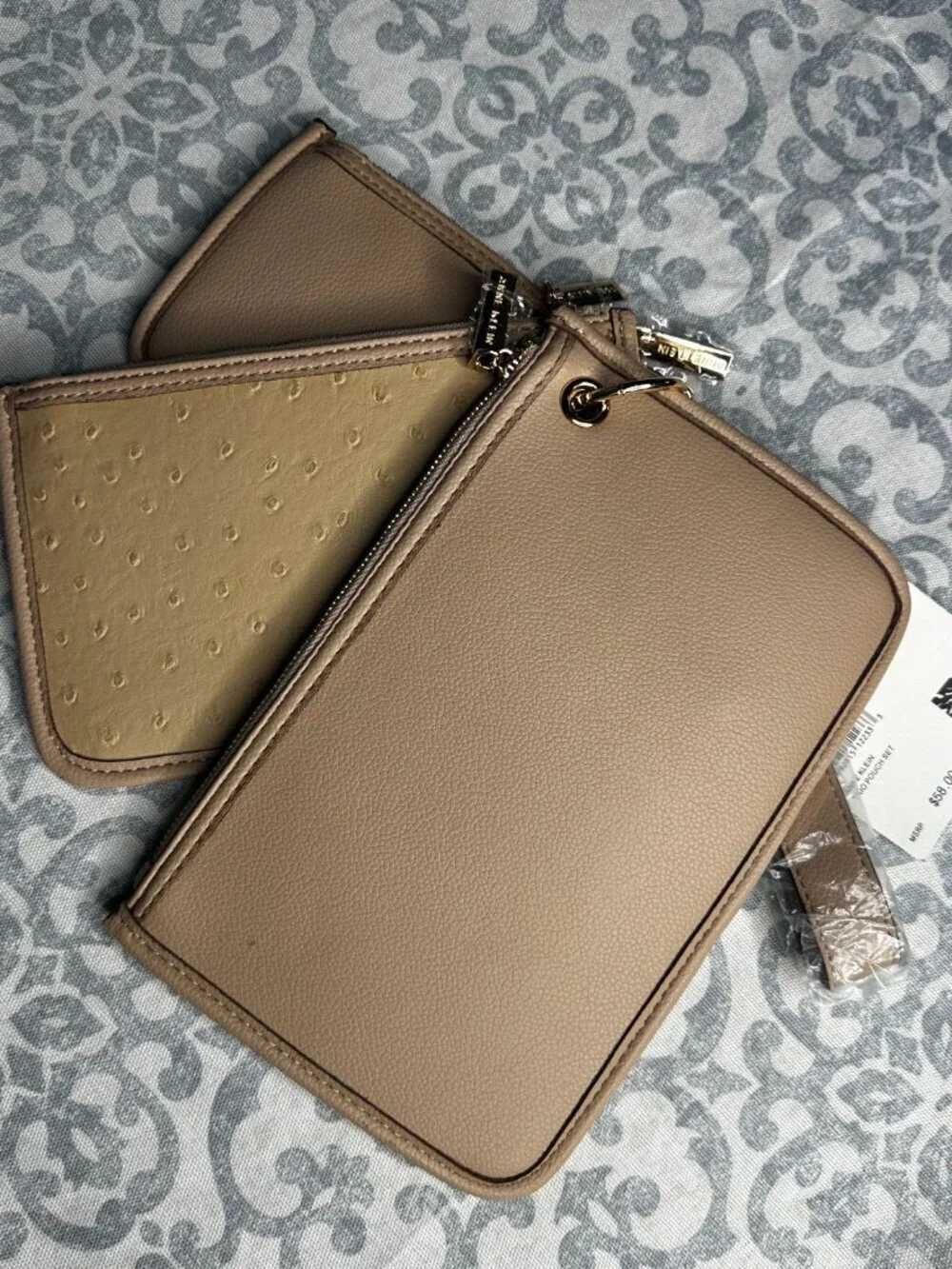 NWT Anne Klein Trio Pouch Wristlet Set in Neutral with Silver Hardware